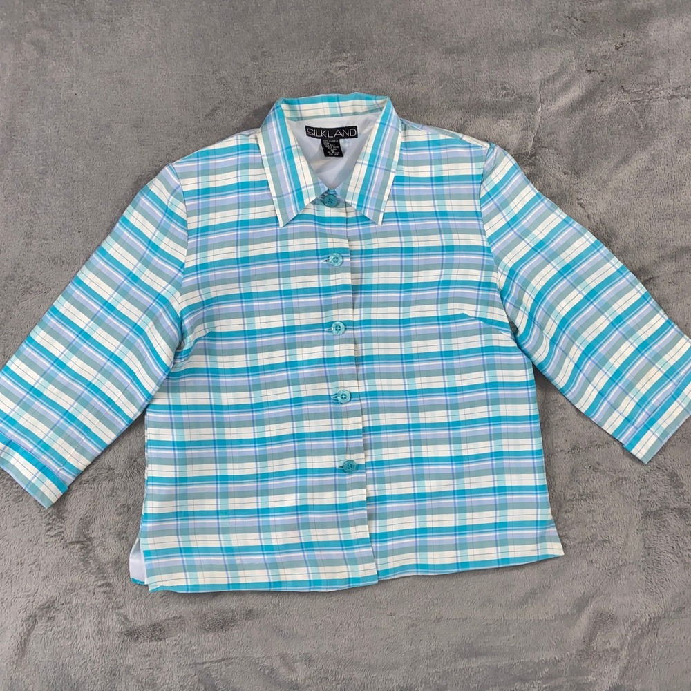 Silkland Blouse Womens 12 Turquoise Plaid 100% Silk 3/4 Sleeve‎ Button Front VTG
